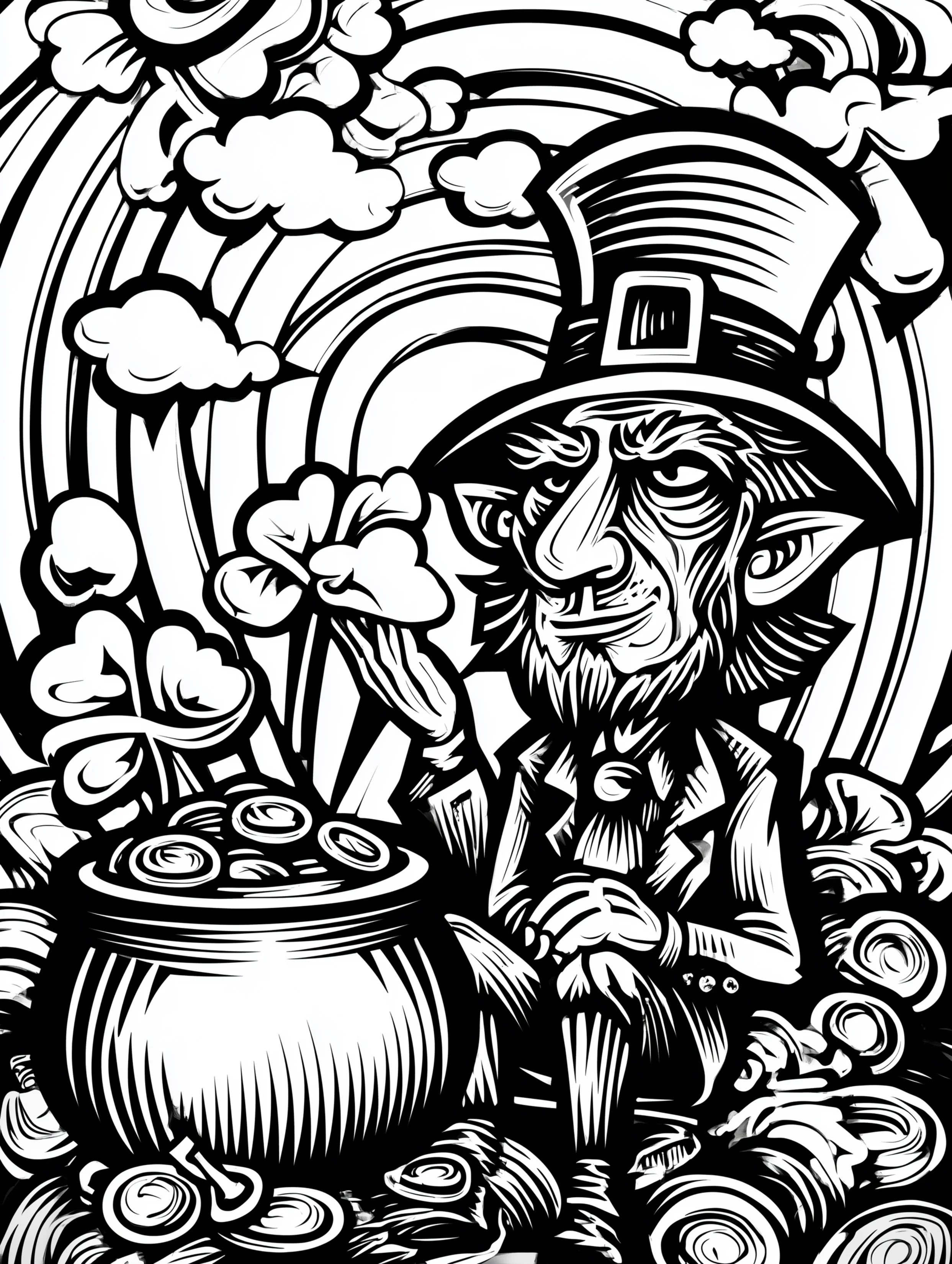 Free printable St Patricks Day coloring page for adults featuring a rainbow and a pot of gold